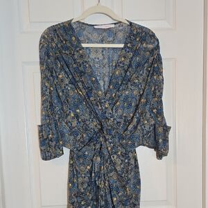 Meet Me In Santorini Blue Gold Metallic Wrap Dress No Tag (XL?)